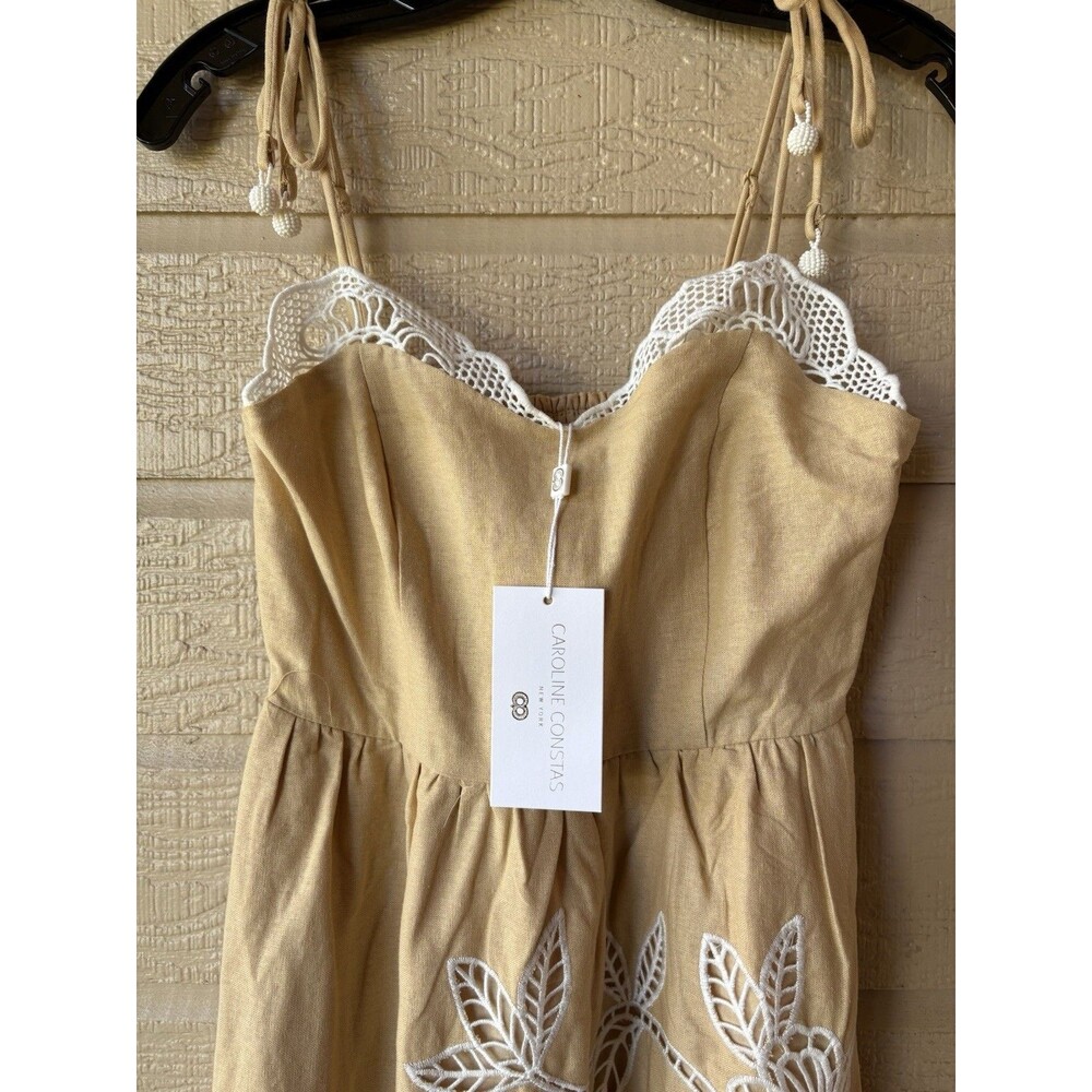 Caroline Constas women Golden Beige Embroidered Linen Long Maxi Dress size Small - Picture 7 of 9